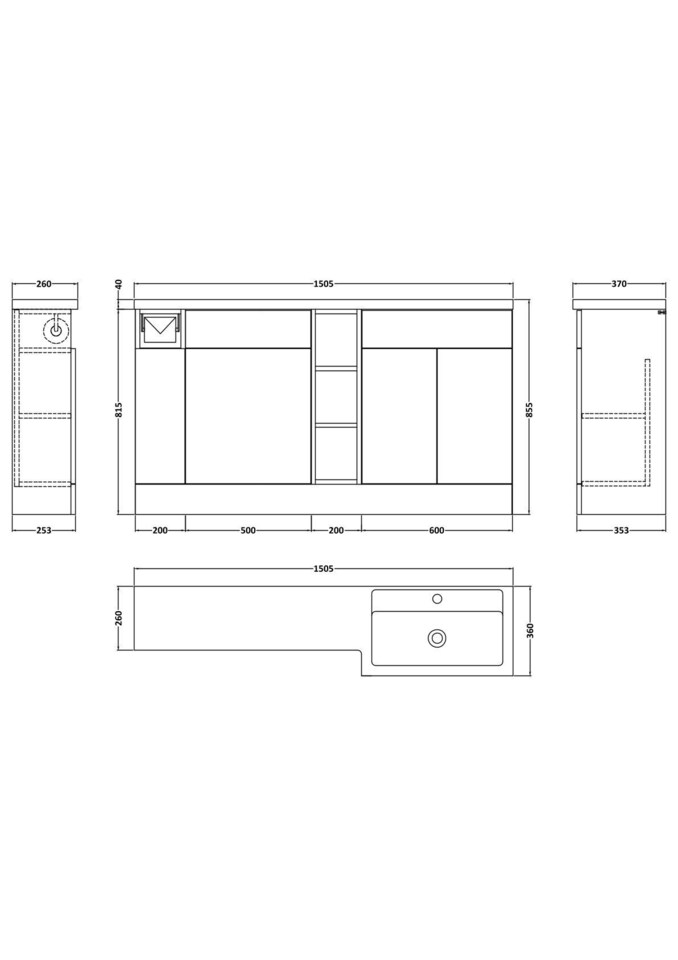 image 1 of Balterley Wichnor Floor Standing 3 Door, Open Shelf Vanity Basin WC Unit with Toilet Roll Holder and Polymarble Basin, 1500mm, Left Hand, Dark Grey