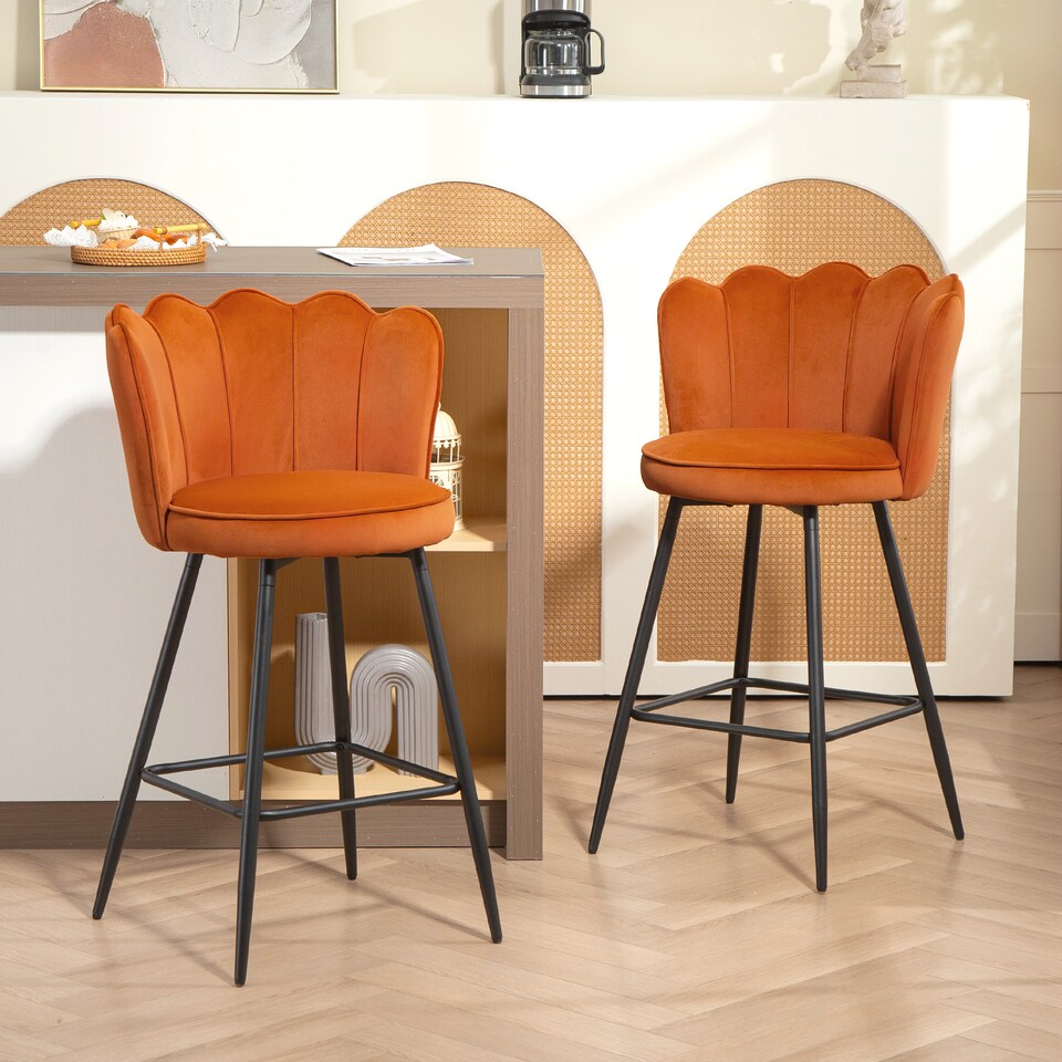 image 1 of HOMCOM Bar Stools Set of 2, Modern Velvet-Feel Barstools with Petal Backrest and Footrest, Upholstered Breakfast Bar Chairs with Metal Legs for Kitchen Island Counter, Dining Room, Orange | Orange | Orange | 2
