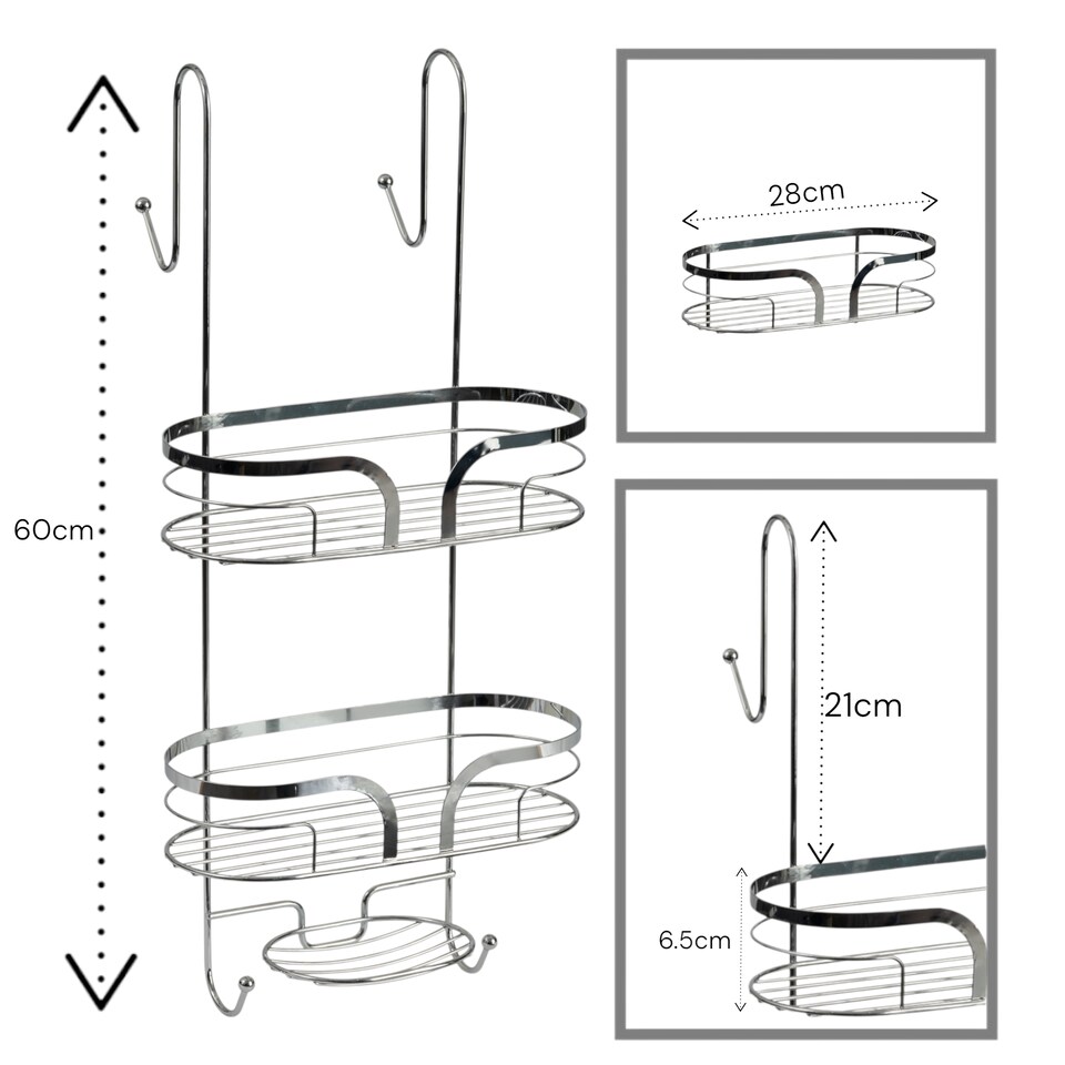 image 1 of Showerdrape Dante Chrome Floor Caddy and 2 Tier Over Door Hook Shower Caddy | Silver | Chrome | 1