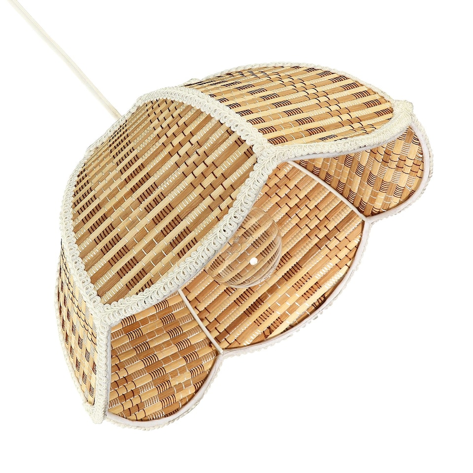 image 1 of Vintage Victorian Rattan Pendant Shade with White Embroidered Trim | Brown | Brown | 1