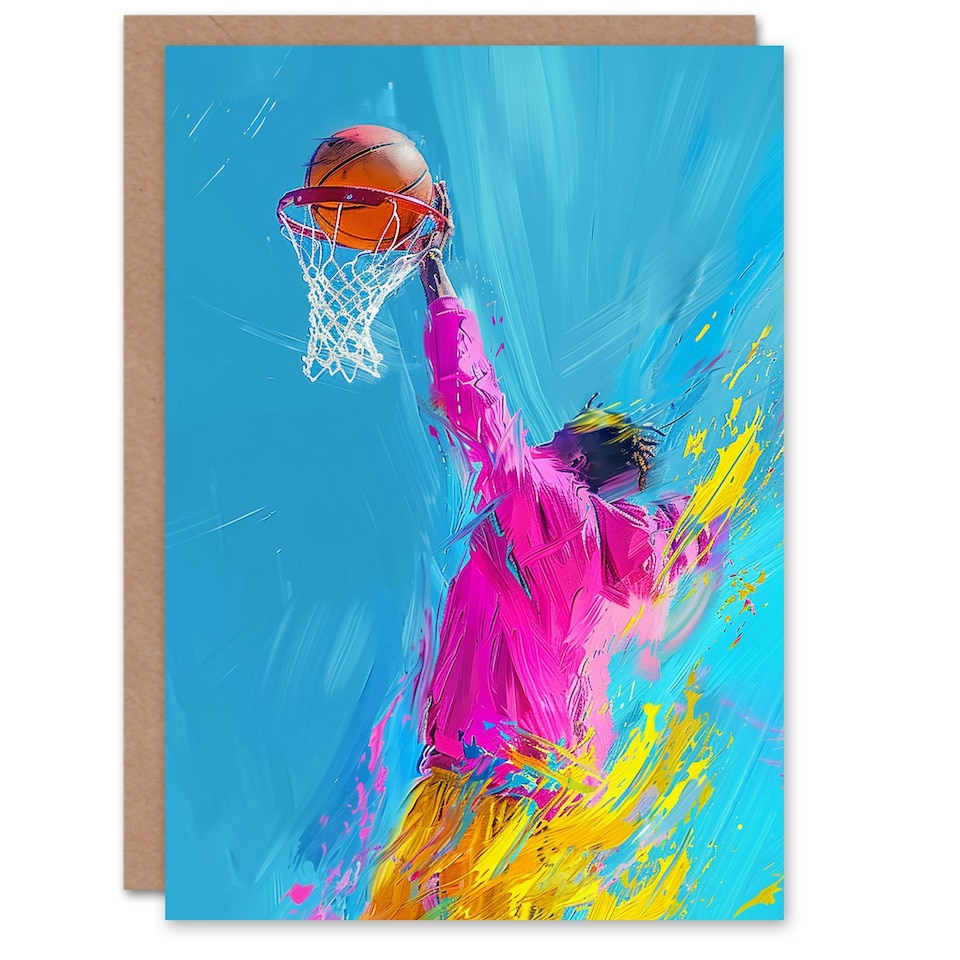 image 1 of Abstract Bright Basketball Hoop Slam Dunk Man Him Birthday Card