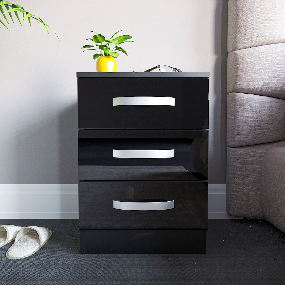 image 1 of Vida Designs Hulio 3 Drawer Bedside Chest High Gloss Cabinet Table Nightstand, Black