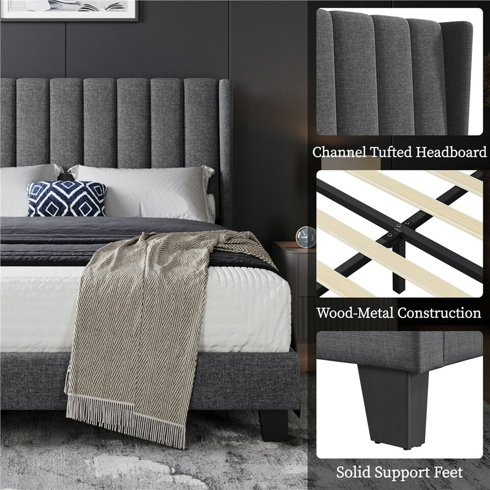 image 1 of Yaheetech 135 cm W x 190 cm L Upholstered Bed Frame with Wing Side Dark Grey