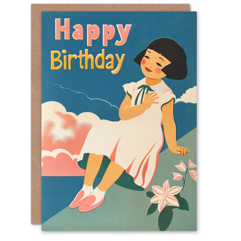image 1 of Little Girl Pink Clouds Grass Retro Style Child Kids Birthday Card