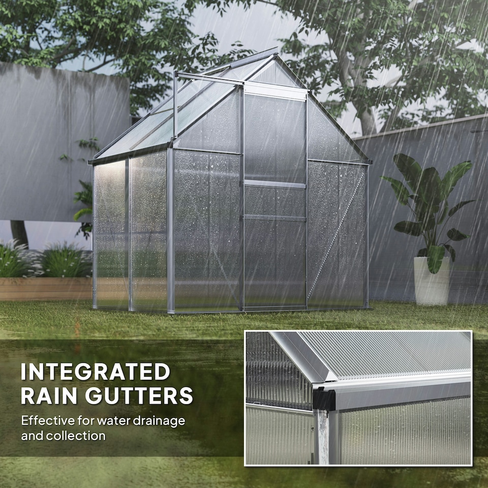 image 1 of Outsunny Polycarbonate Walk-in Garden Greenhouse w/ Sliding Door Silver Tone