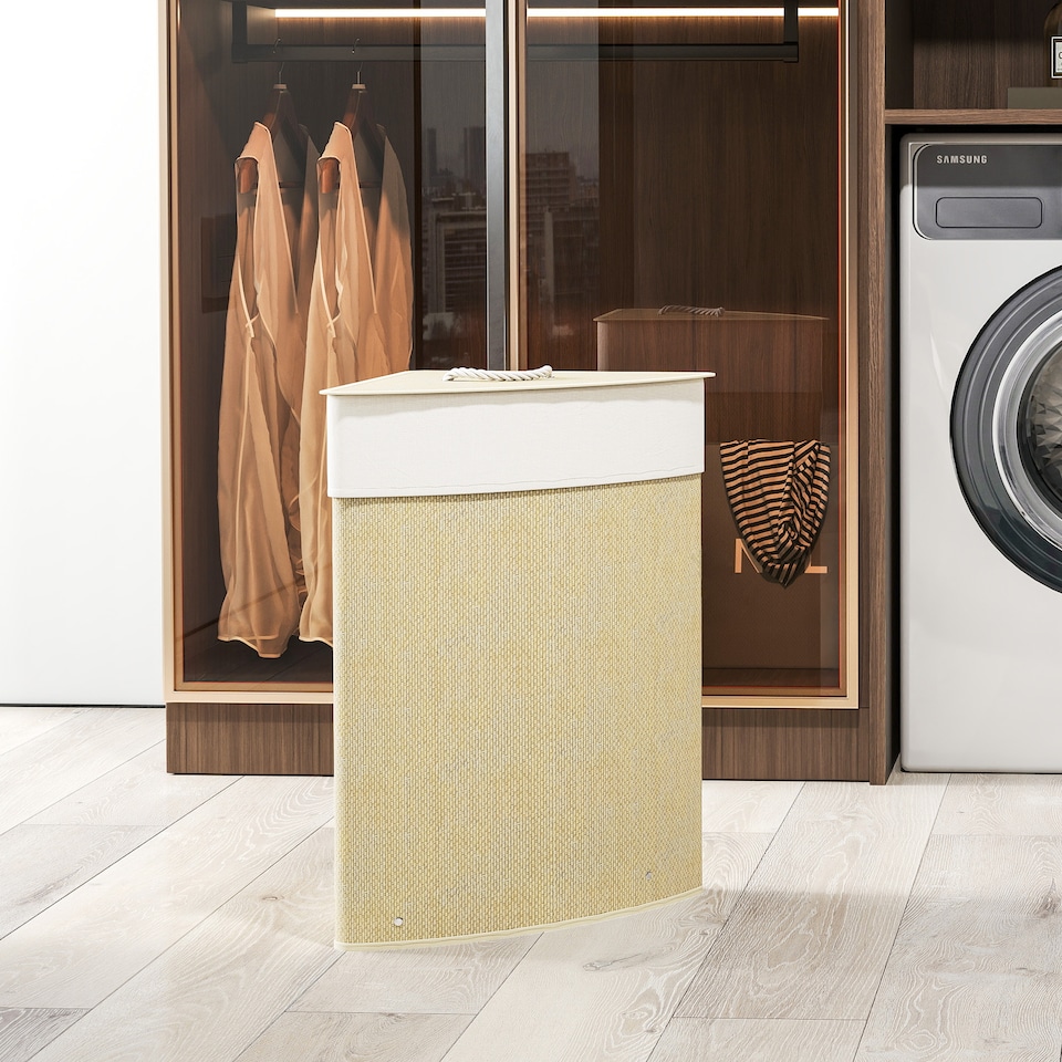 image 1 of HOMCOM Bamboo Laundry Basket with Lid, 55L Corner Laundry Hamper with Removable Washable Liner Bag, Bathroom Triangle Washing Basket, 35 x 35 x 60 cm, Nature Wood Finish | Yellow | Cream