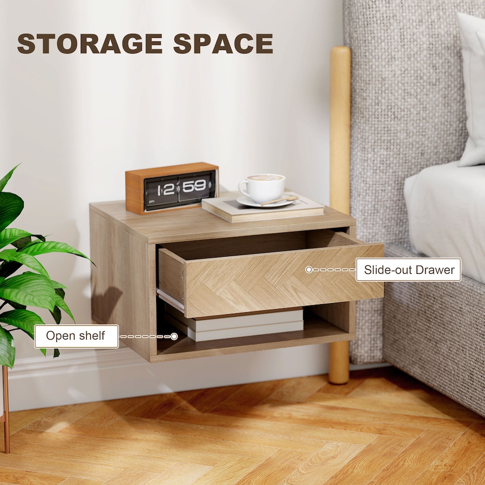 image 1 of HOMCOM Floating Nightstands Set of 2, Bedside Table w/ Drawer and Open Shelf | Brown | Natural wood finish | 37W x 32D x 21H cm