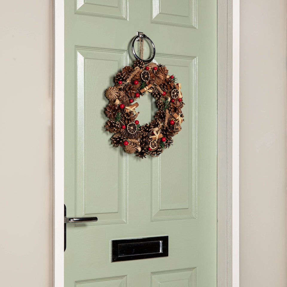image 1 of 36cm Winter Spice Hanging Christmas Wreath with Pine Cones Red Berries & Dried Fruit
