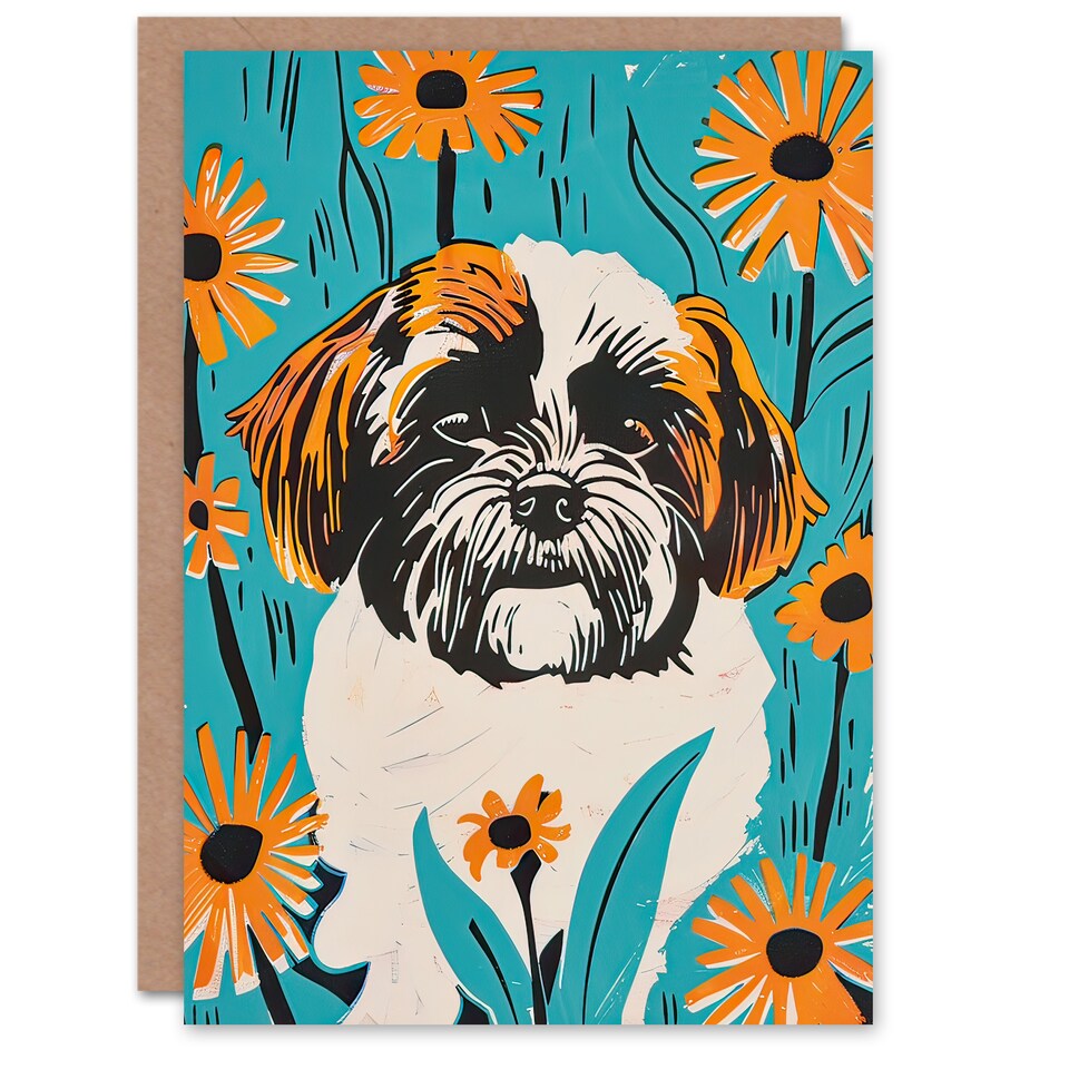 image 1 of Greeting Card Vibrant Shih Tzu Daisy Portrait Dog Lover Floral