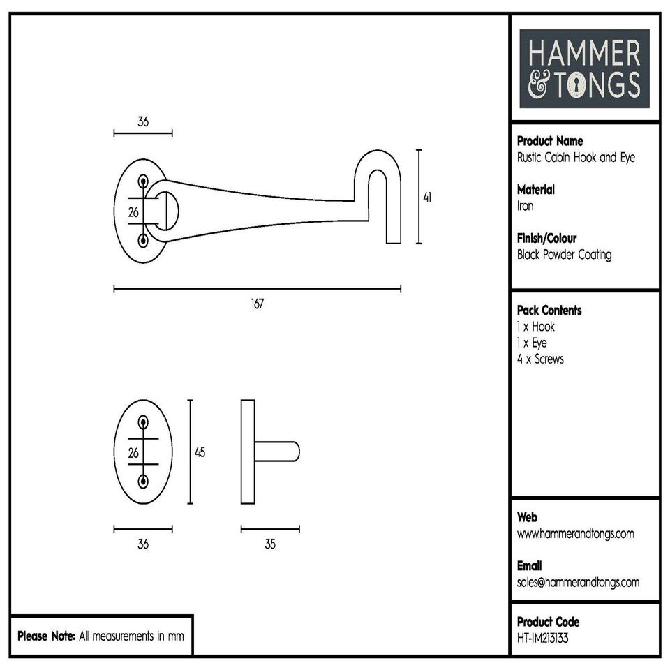 image 1 of Hammer & Tongs Rustic Cabin Hook and Eye - W165mm - Black