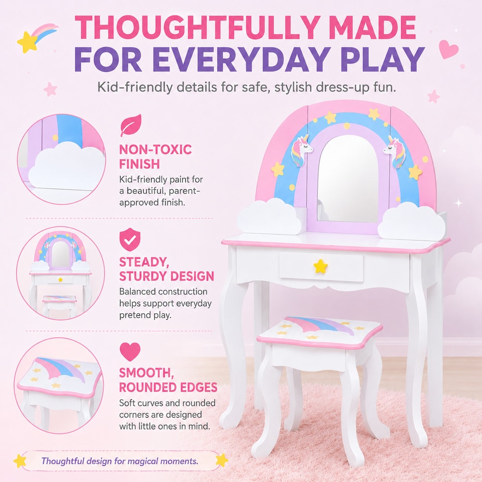 image 1 of Teamson Kids Play Vanity with Mirror, Pegs & Stool, Rainbow Unicorn