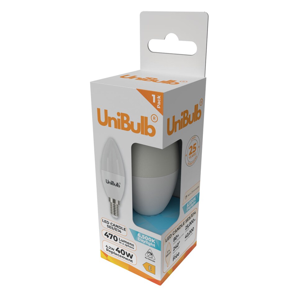 image 1 of UniBulb LED Candle E14 Small Edison Screw (SES) 470lm 4.2W (Replaces 40W) 6500K (Daylight) Light Bulb - Pack of 8 | White | Daylight | 8