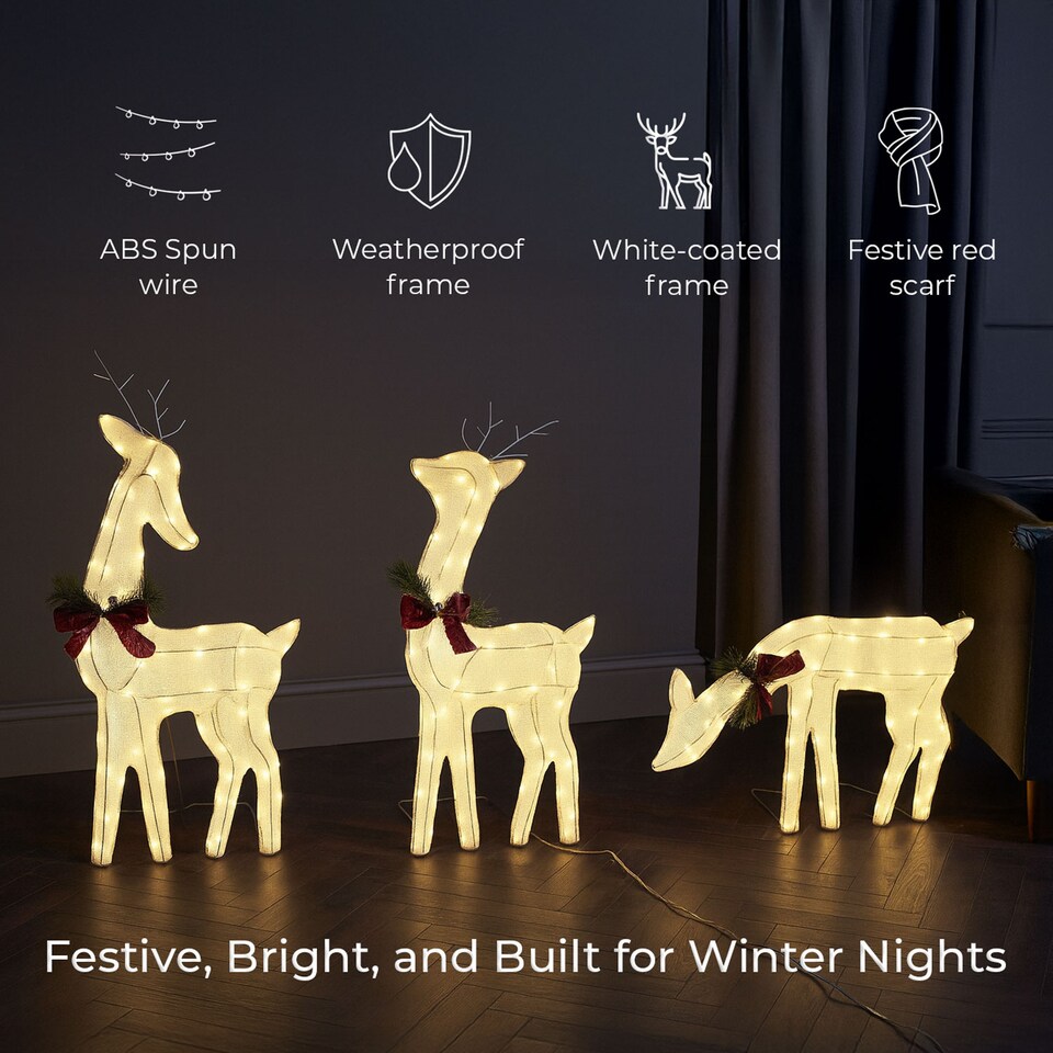 image 1 of Neo Set of 3 LED Lighted Reindeer Christmas Decorations Indoor Outdoor Holiday Yard Décor 210 Dual LED Lights Timer Weather Resistant Frame Festive Red Bows & Greenery