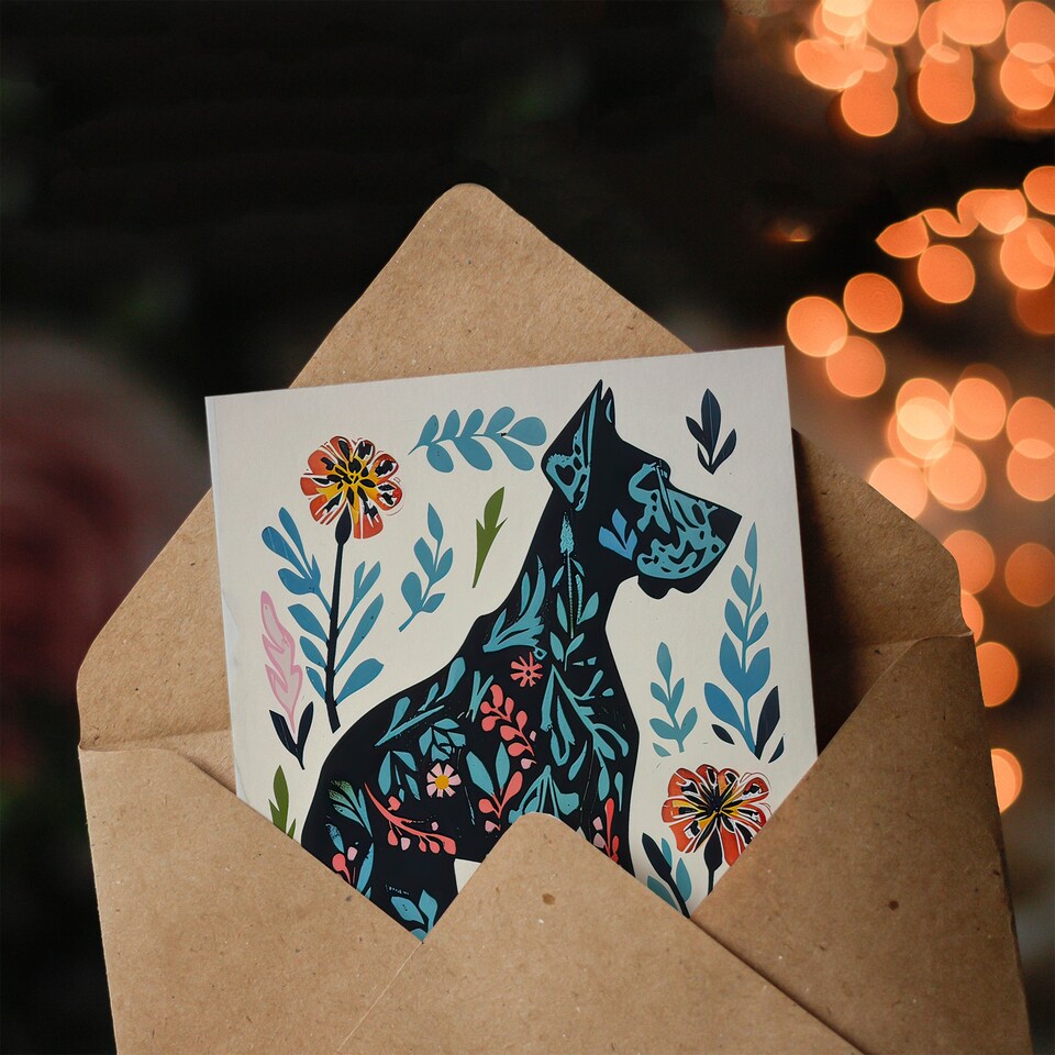 image 1 of Greeting Card Great Dane Dog Lover Floral Folk Art Pattern Birthday