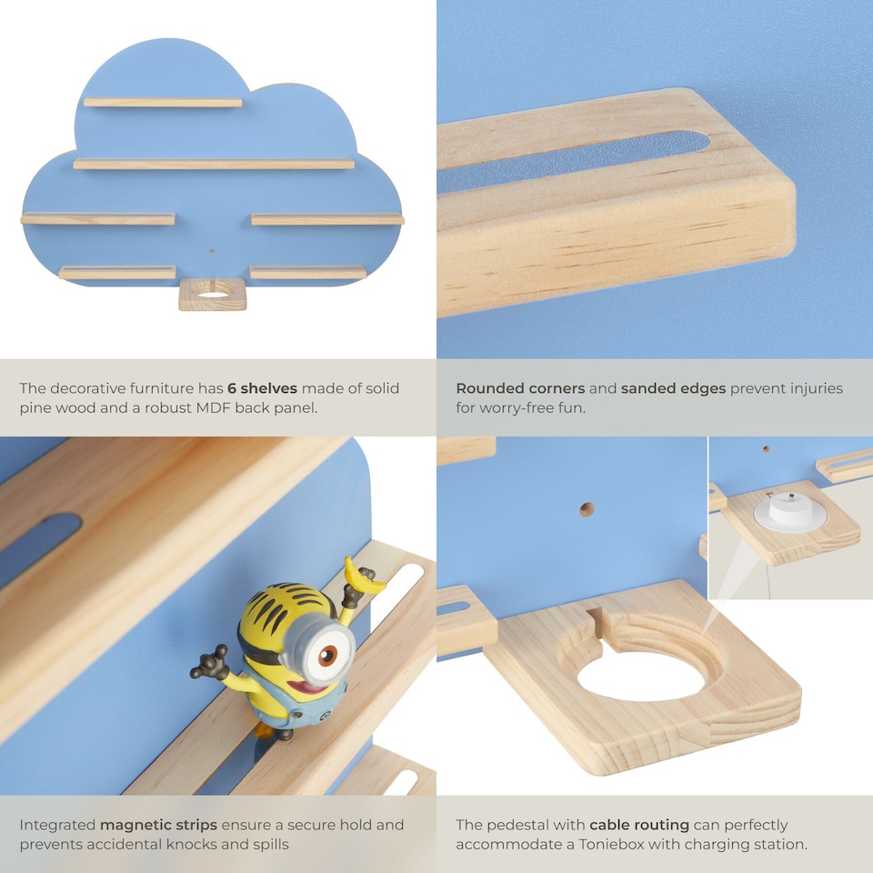 image 1 of Wall Shelf Cloud - child-friendly cloud design, fits 28 figurines, magnetic strips, with integrated cable management