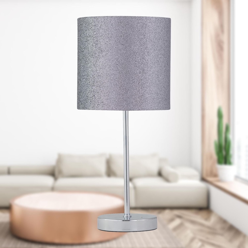 image 1 of Chrome Stick Table Lamp with Grey Glitter Shade | Chrome | Grey | Medium | 1