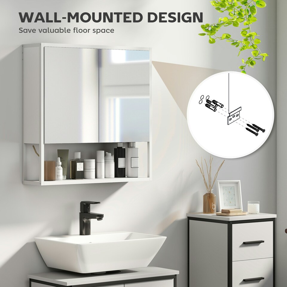 image 1 of HOMCOM Industrial Bathroom Cabinet with 2 Mirrored Doors Open Shelf White