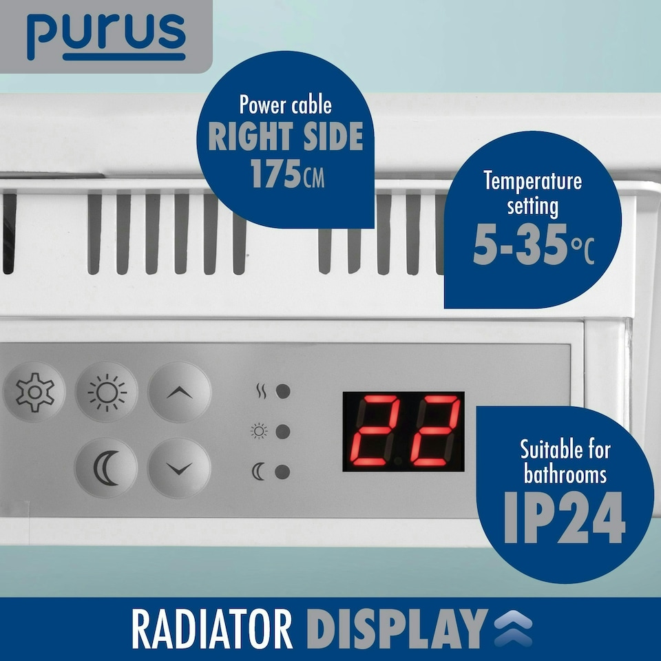image 1 of Purus 1200W Electric Panel Heater Wall Mounted White Radiator