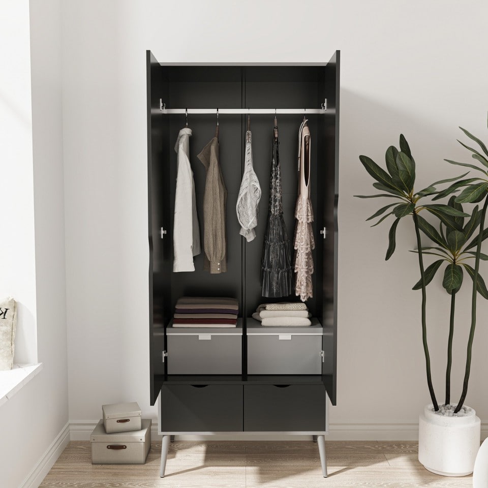image 1 of Malmo 2 Door 2 Drawer Wardrobe with Scandi Legs Cupboard Hanging Rail 180cm | Multi | Grey Black | 1