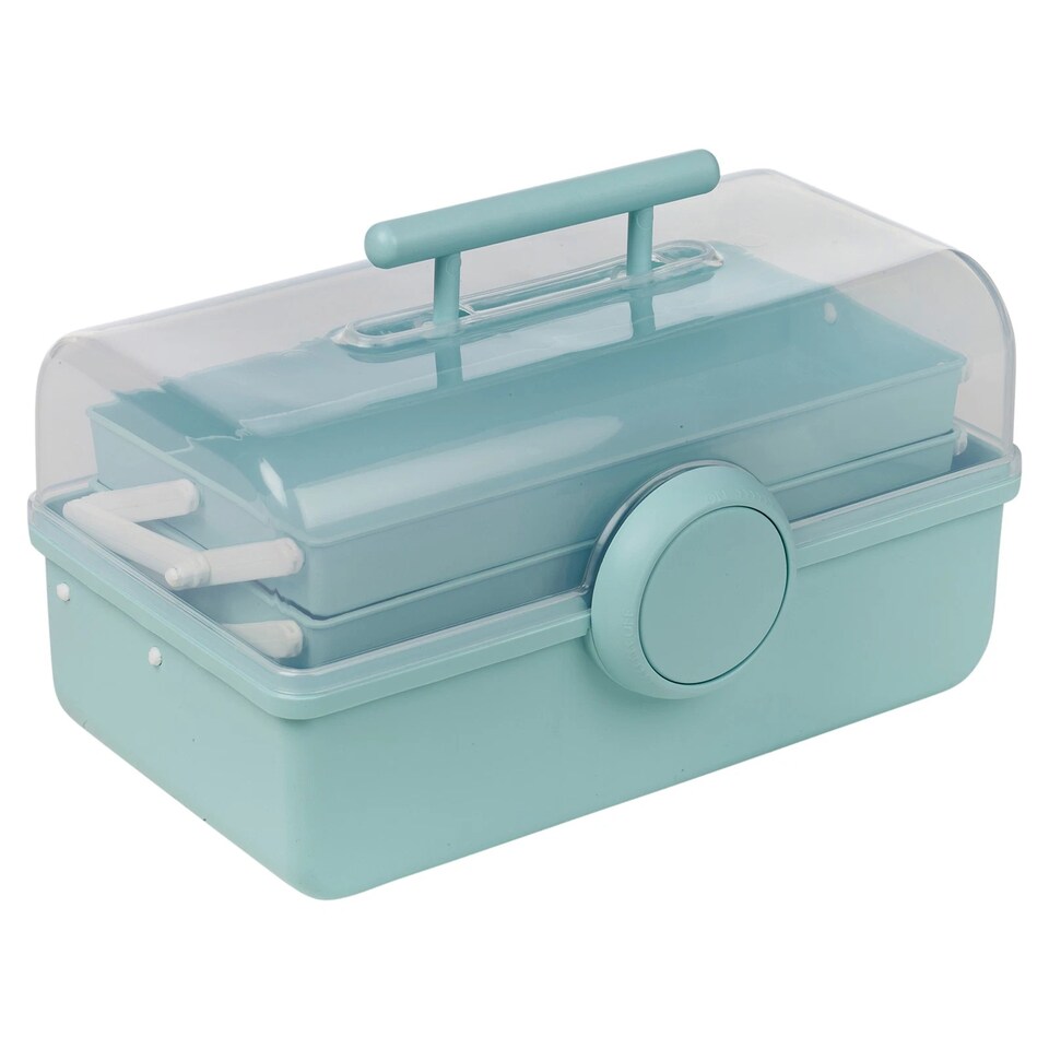 image 1 of Plastic Cantilever Sewing Craft Box 3 Tier Tray Organiser Storage Compartments | Multi | Mint Green