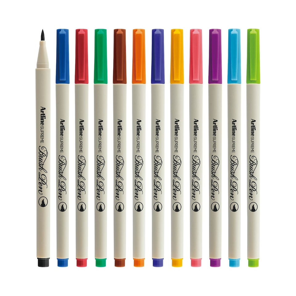 image 1 of Artline Supreme Brush Pens Assorted 12 Pack Multi | Black, Brown, Red, Orange, Yellow, Pink, Magenta, Purple, Blue, Sky Blue, Green and Yellow Green