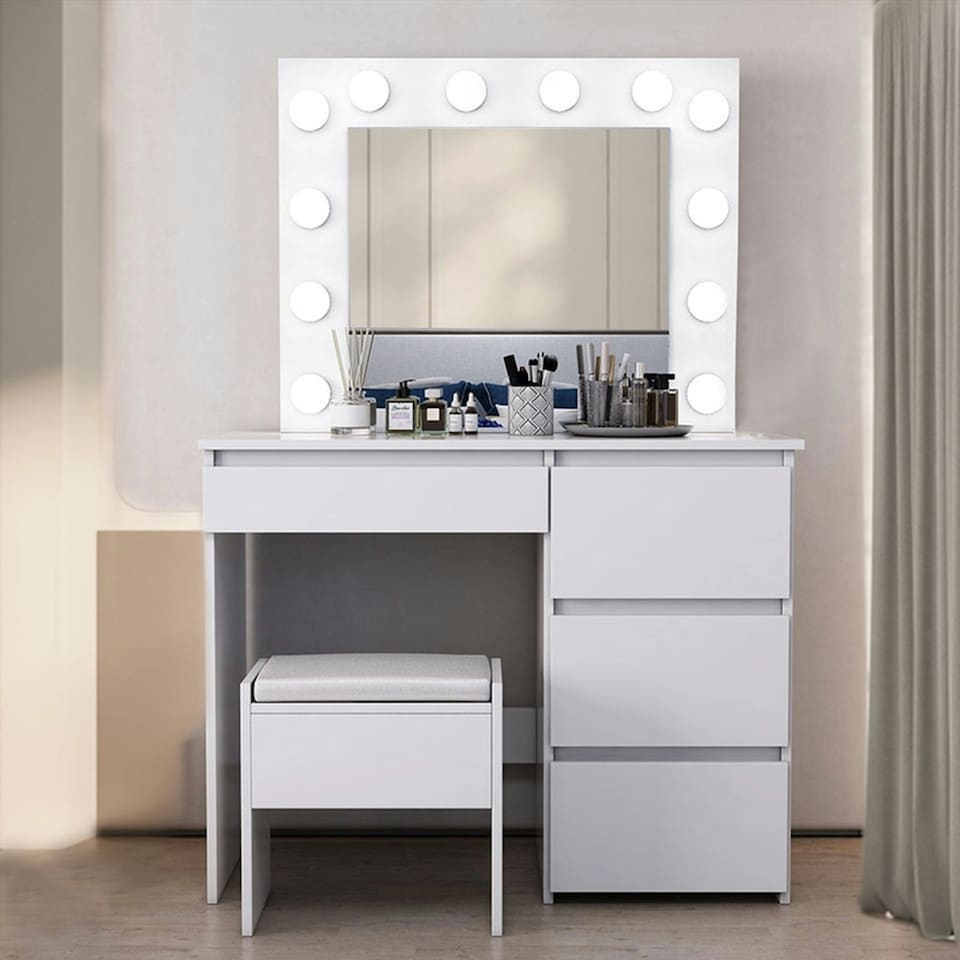 image 1 of White Dressing Table Hollywood LED Mirror Makeup Desk Vanity Table Bedroom Furniture White