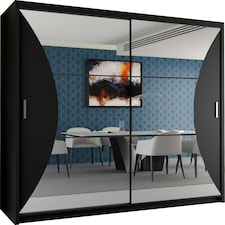 Sleek Sliding Wardrobe 203cm with Curved Mirror Design | White, Black, Grey Finish Black | Black203cm