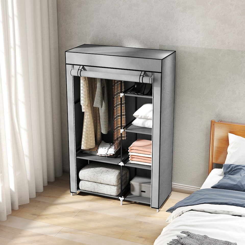 image 1 of HOMCOM Fabric Wardrobe, Portable Wardrobe with 6 Shelves, 1 Hanging Rail, Foldable Closets, 103 x 43 x 162.5 cm, Light Grey