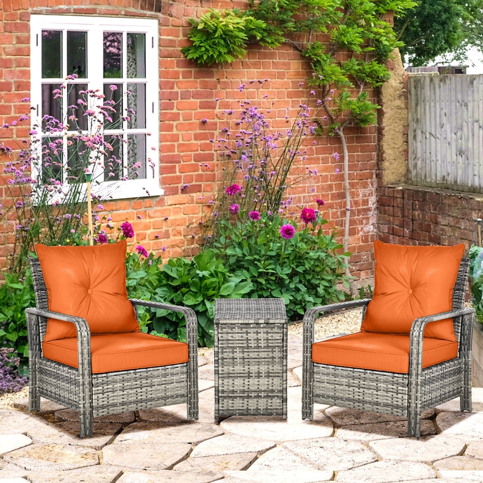 image 1 of Outsunny 3 Pieces Rattan Bistro Set, Wicker Garden Furniture Set with Storage Coffee Table and Chairs, Thickened Cushions for Outdoor, Patio, Balcony, Orange
