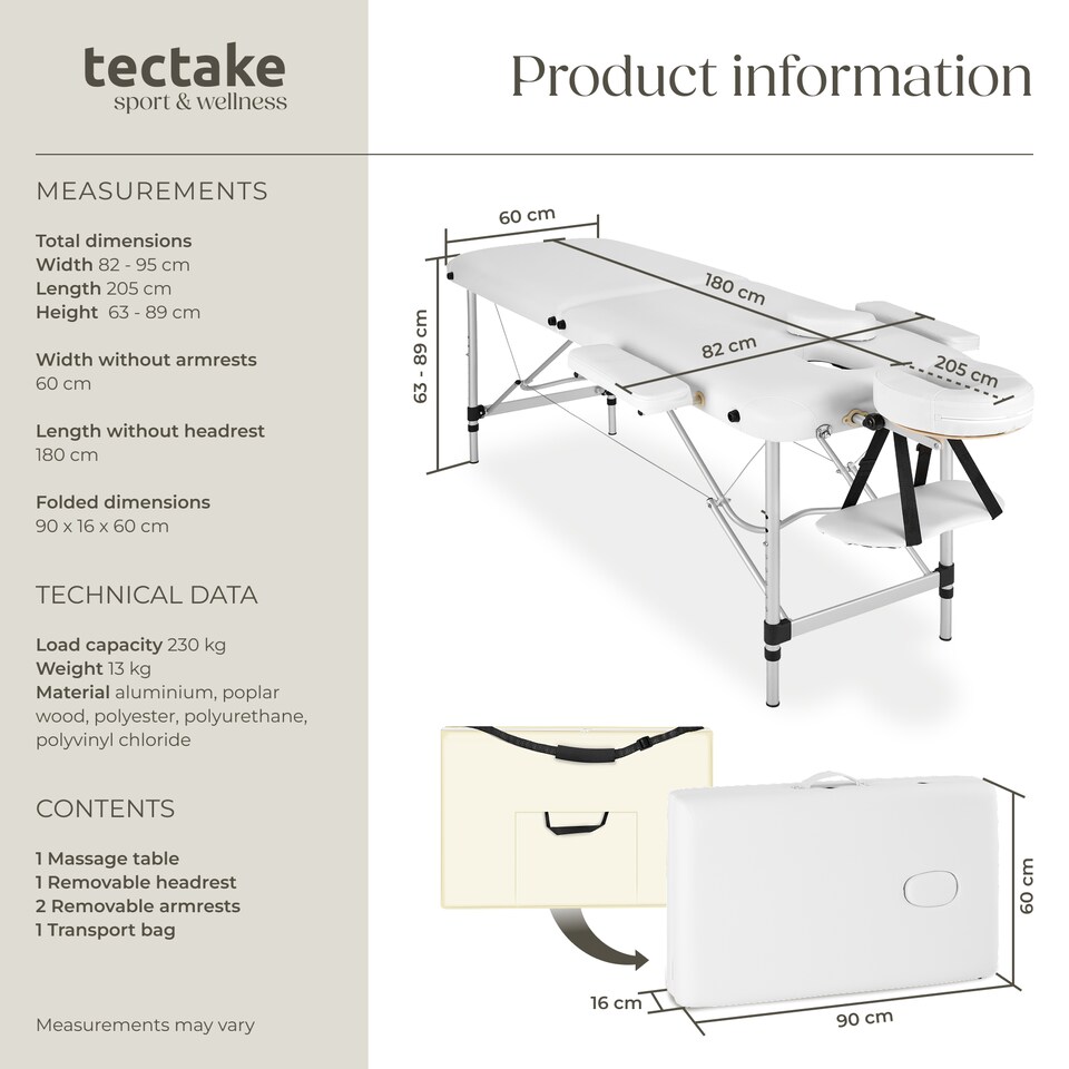 image 1 of Massage Table - 2-zone bed, aluminium frame, with carry bag, head- and armrests | White | white | 1