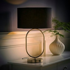 ValueLights Antonia Black Fabric Drum Lamp Shade Brushed Chrome Oval Table Lamp and LED Bulb Silver