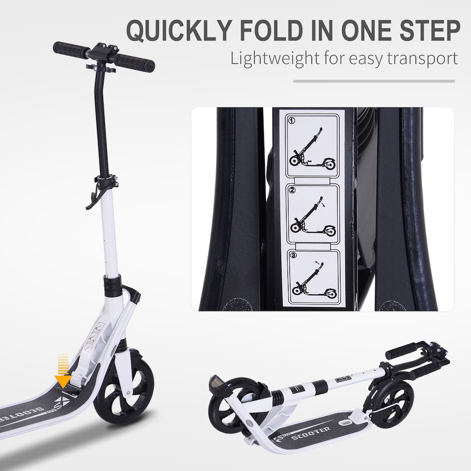 image 1 of HOMCOM Folding Kick Scooter Hight-Adjustable Urban Scooter with Rear Brake, Double Shock Absorption System & 2 Big Wheels, For 14 older Teens Adult, White