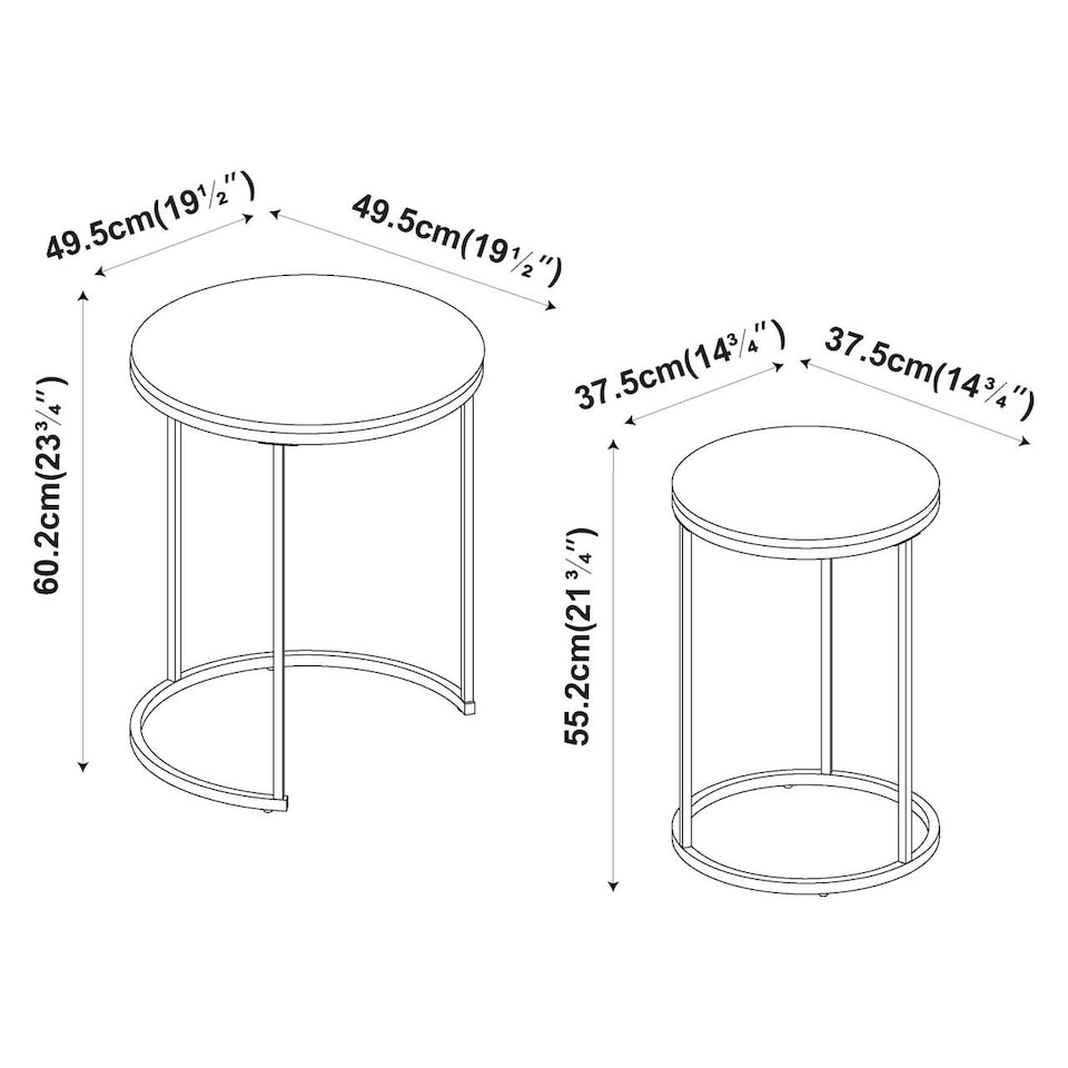 image 1 of 2Pc Round Nesting Stackable Sofa Side Bedside End Table Set Wood Top Metal Legs | Multi | Black Marble Top with Chrome Legs