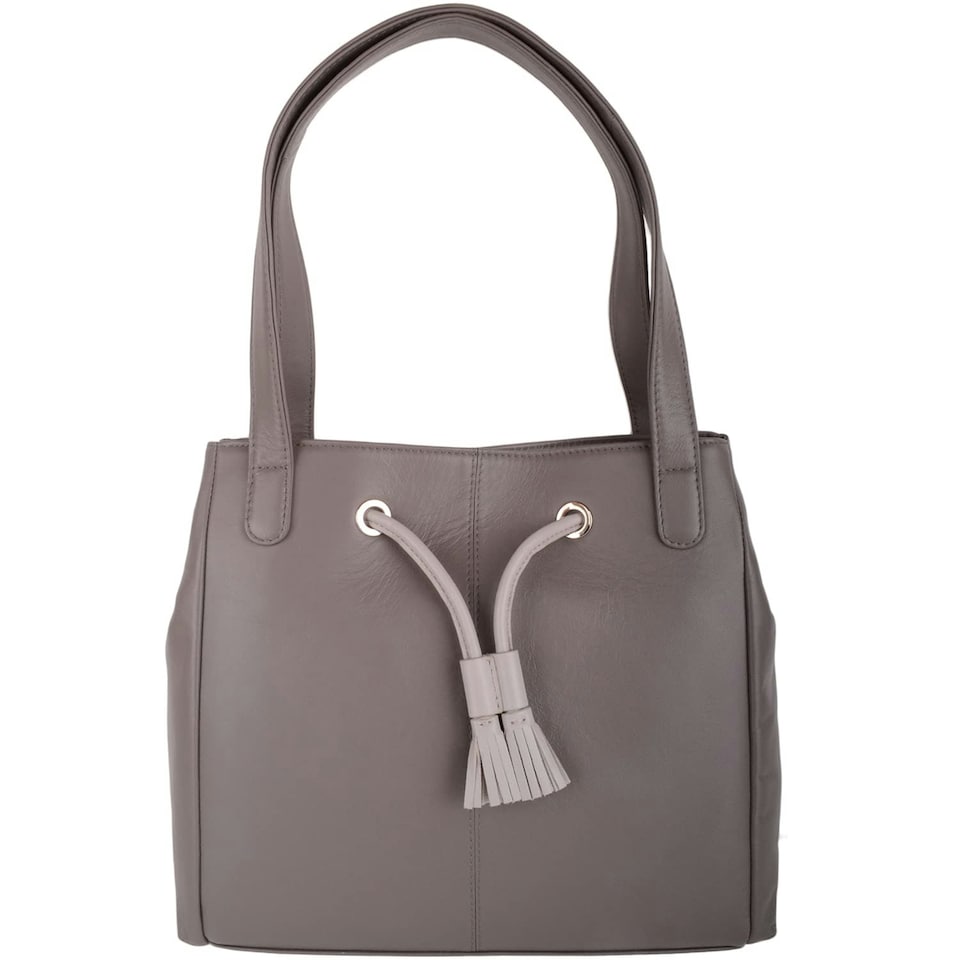 image 1 of Genuine Soft Leather Contrast Drawstring Tote Style Shoulder Handbag Brown | Taupe