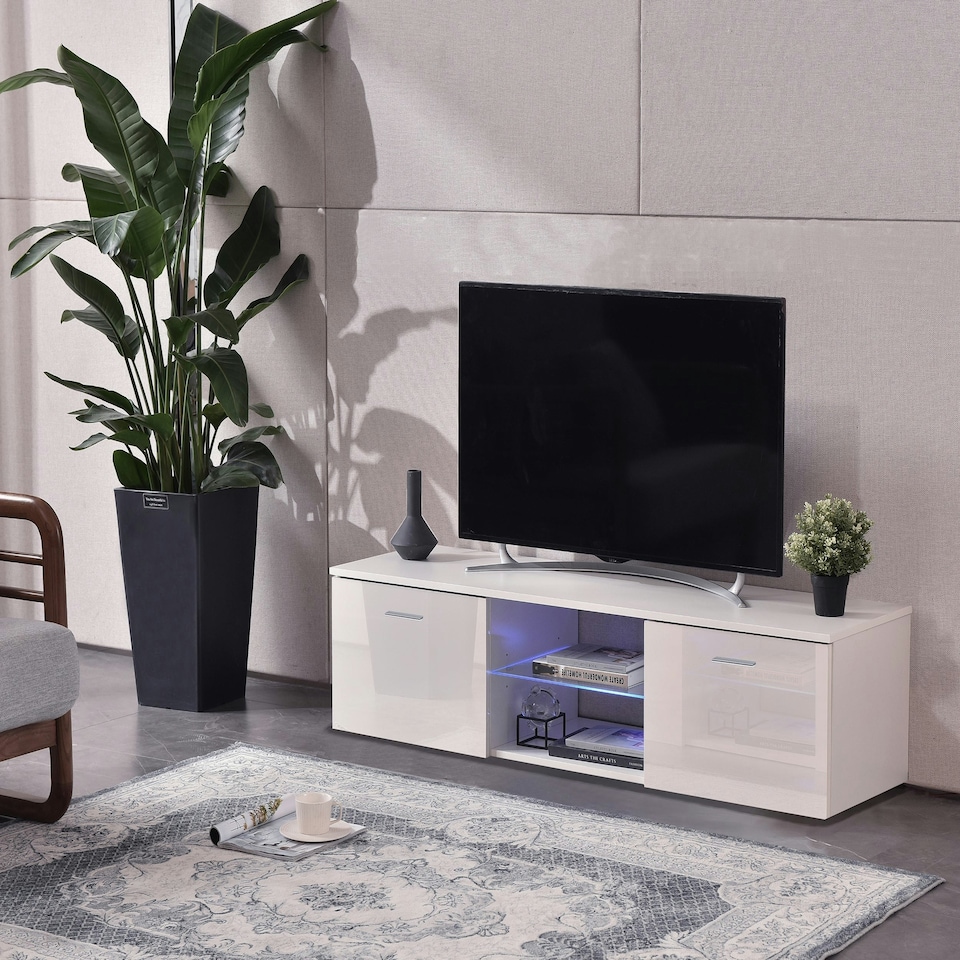 image 1 of MDA Designs Auriga White Modern TV Cabinet for Flat TV Screens of up to 65" Entertainment Unit with Shelves and Built-in Blue LED Lights White
