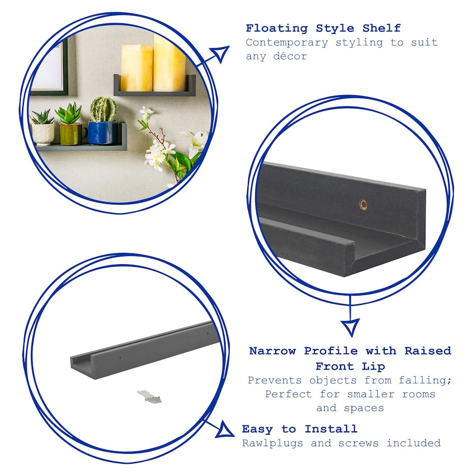 image 1 of Harbour Housewares Floating Picture Ledge Wall Shelves - 57cm - Grey - Pack of 2