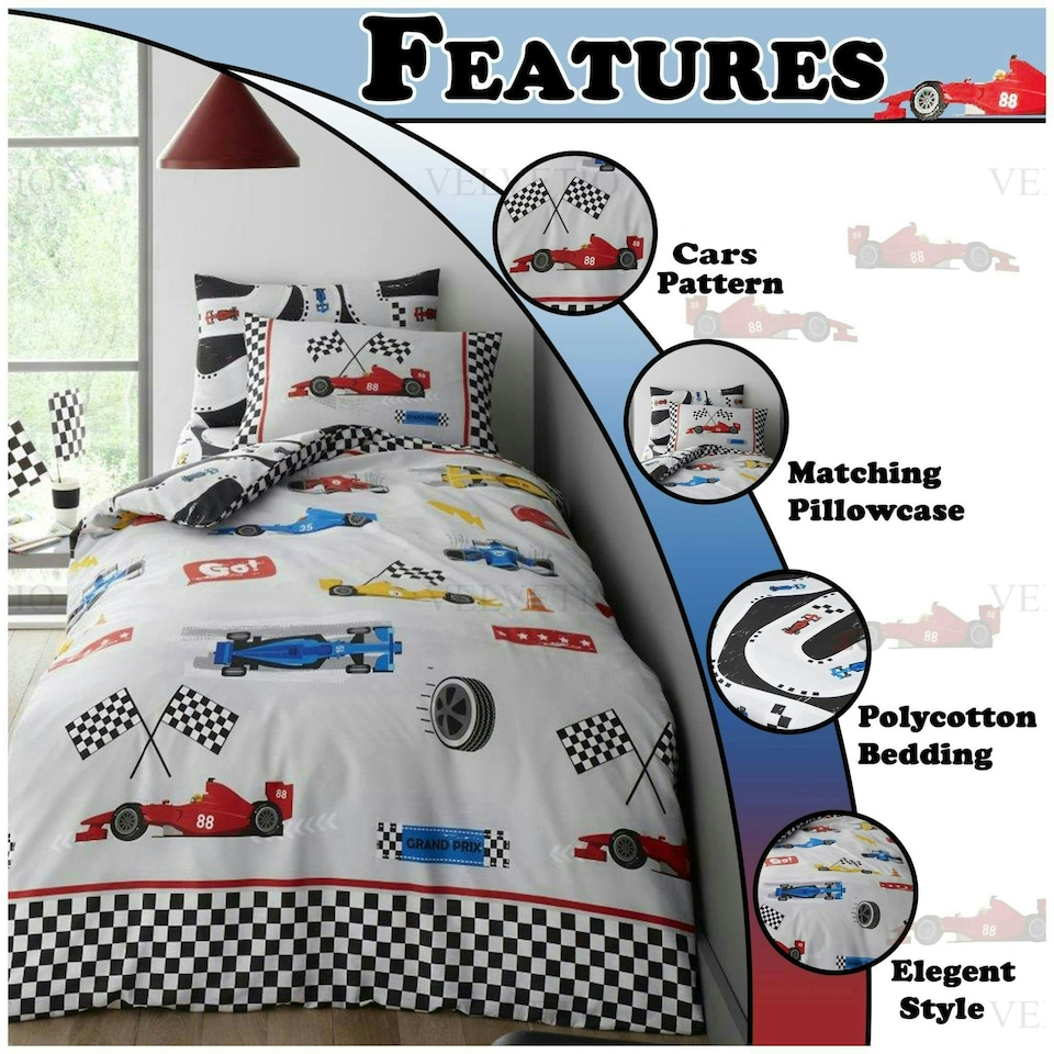 image 1 of VELVETIO Racing Cars Duvet Cover Set Luxury Polycotton Kids Beddings Grey | Single