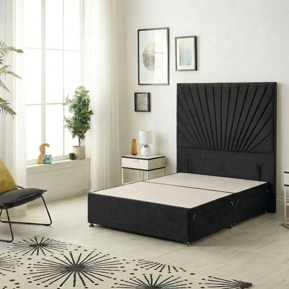 image 1 of Sunburst Divan Bed with 4 Drawers & 54'' Floor Standing Headboard Plush Velvet | Black | Black