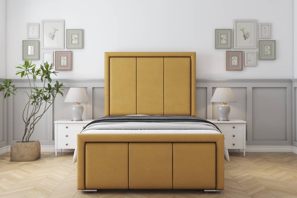 image 1 of Sloomy Lancaster Mustard Plush Bed Frame With Mattress With 50" Upholstered Headboard 6' Super King