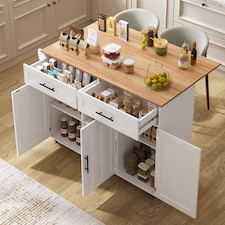 VILUXE Mobile Kitchen Island with Foldable Worktop, 2 Drawers, Adjustable Shelves, Towel Rail, Wheels and Solid Wood Feet, White and Natural
