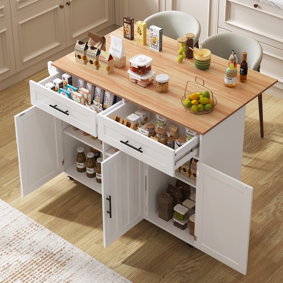 image 1 of VILUXE Mobile Kitchen Island with Foldable Worktop, 2 Drawers, Adjustable Shelves, Towel Rail, Wheels and Solid Wood Feet, White and Natural