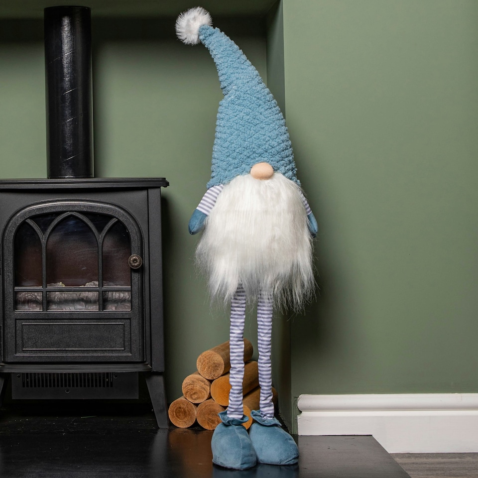 image 1 of 89cm Blue Standing Christmas Gonk Decoration with Extendable Legs and Knitted Hat