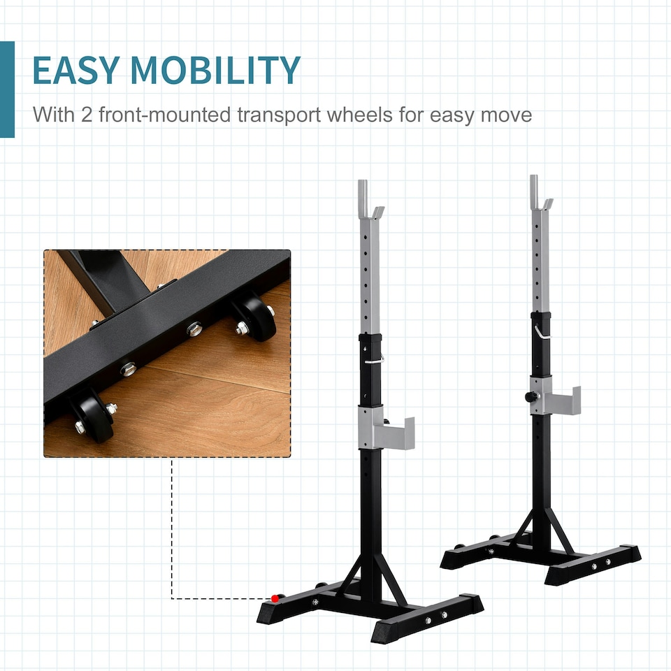 image 1 of HOMCOM 2 Pairs Barbell Squat Rack Portable Stand Weight Lifting Bench w/ Wheels