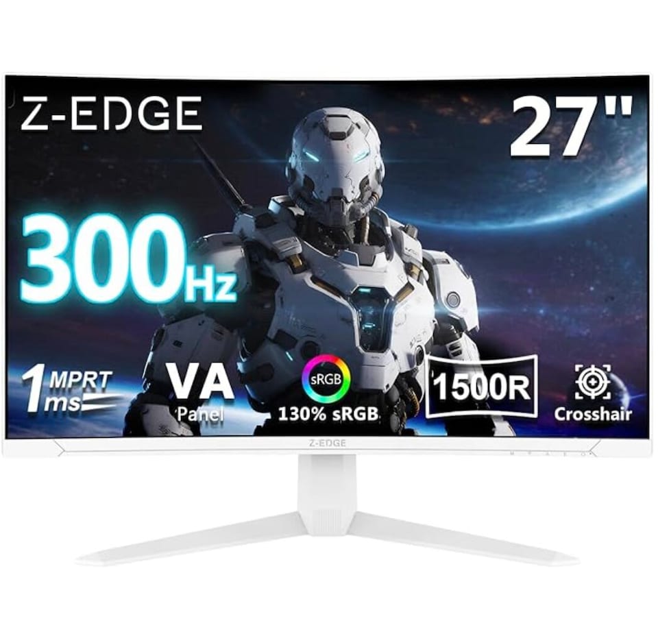 image 1 of Z-Edge 27 Inch 300Hz 240Hz Curved Gaming Monitor 1ms VA 1500R HDMI DP White | PC Monitor Full HD 1920x1080 16:9, 4000:1 Contrast, 130% sRGB, 300cd/m² Brightness, FreeSync, Crosshair, VESA Mountable