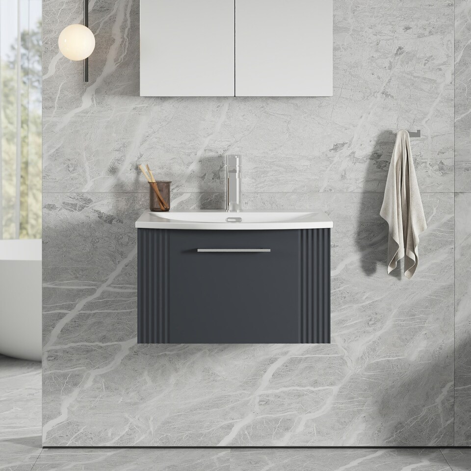 image 1 of Retro 1 Drawer Wall Hung Vanity Unit with Curved 1 Tap Hole Ceramic Basin - 600mm - Satin Dark Grey - Balterley Grey