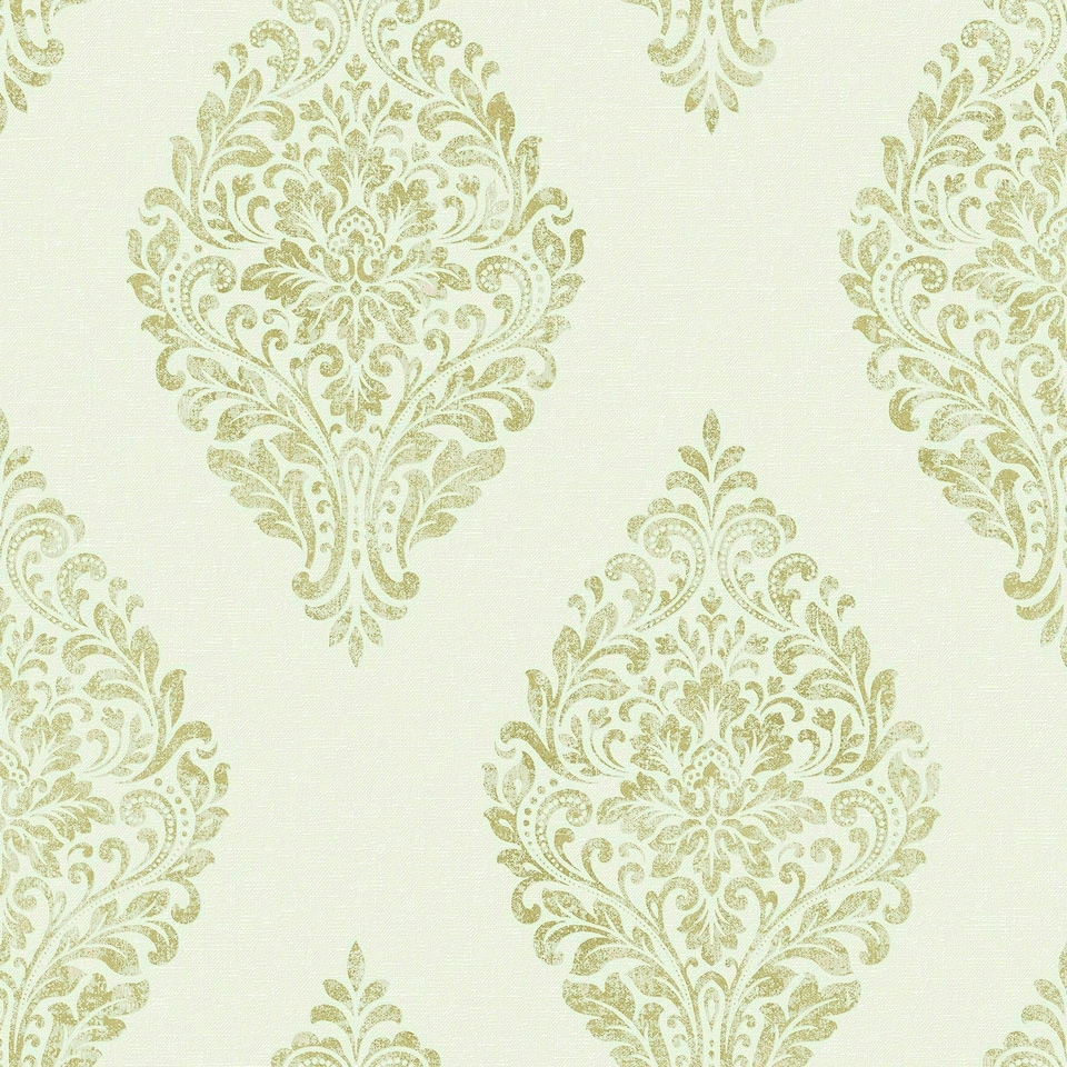 Fine Decor FD25042 Linen Medallian Wallpaper, White/Gold Multi