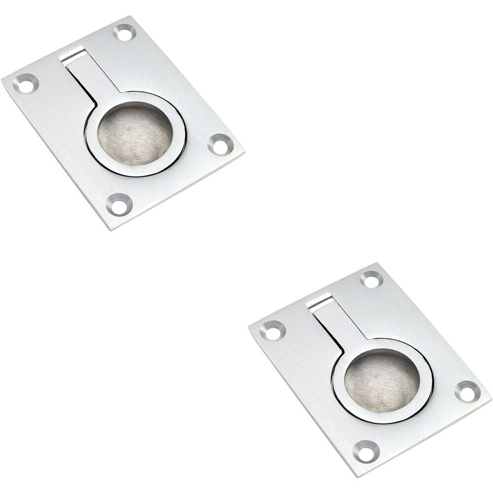 Loops 2x Flush Ring Recessed Pull Handle 50 x 38mm 8mm Depth Satin Chrome