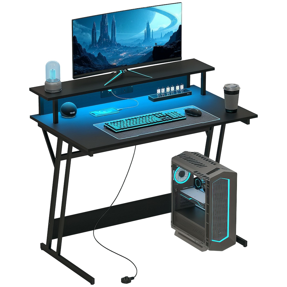 image 1 of HOMCOM LED Gaming Desk with Power Outlets and Monitor Stand 100 x 60cm Black