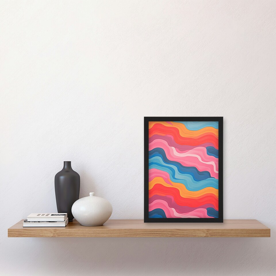 image 1 of Abstract Pastel Waves Pink Yellow Red Acrylic Black Framed Wall Art Print A4