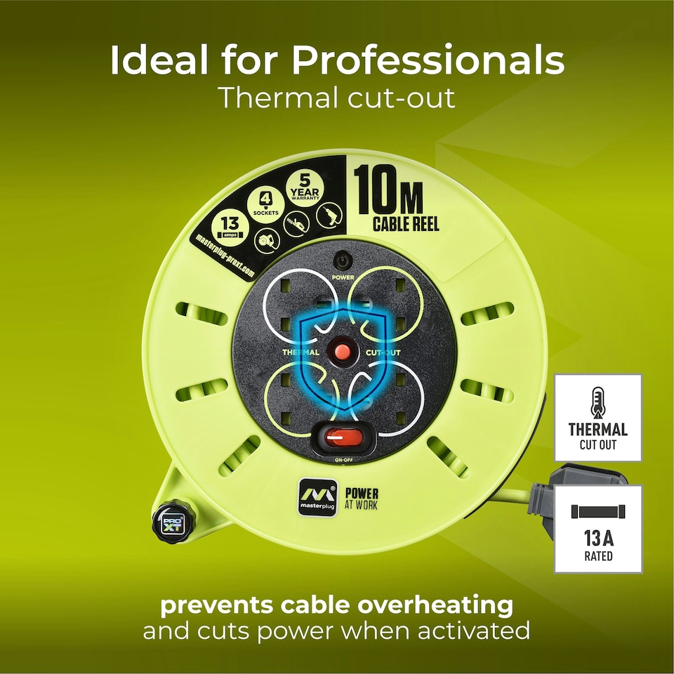 image 1 of Masterplug Pro-XT 10m 4 Socket 13A Cassette Reel with Thermal Cut-Out